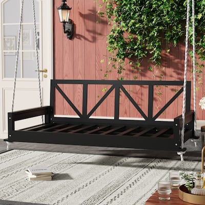 Acacia Wood Twin Size Patio Swing Bed Modern Porch Swing Hanging Bed Frame with 16.4ft Hemp Ropes for Garden,Backyard