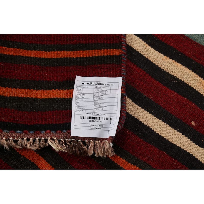 Striped Kilim Qashqai Persian Vintage Rug Hand-Woven Wool Carpet - 6'2"x 9'0"