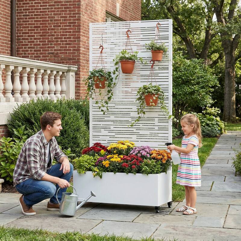 Raised Garden Bed Planter with Trellis Movable Planter Box with Lockable Wheels