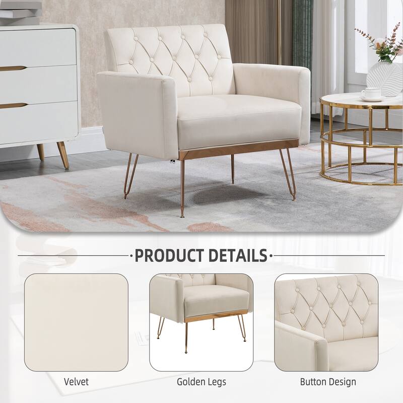 Velvet Upholstered Armchair Single Sofa Modern Tufted Reading Chairs Gold Metal Leg Wingback Chairs for Living Room Bedroom