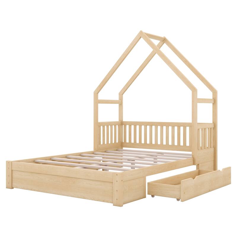 Natural Queen Size Solid Wood House Platform Bed with Guardrail and 2 Drawers
