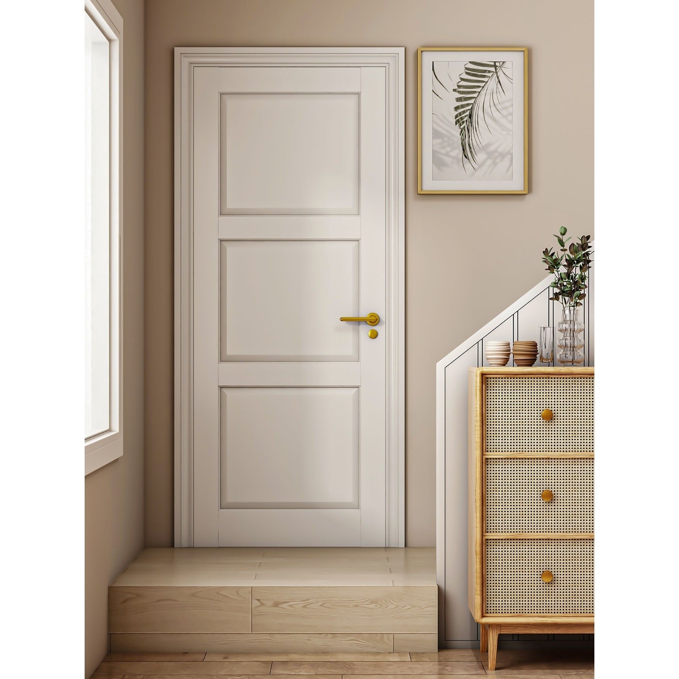 80" 3-Panel White Primed Shaker Standard Door Solid Wood Primed Interior Slab Door
