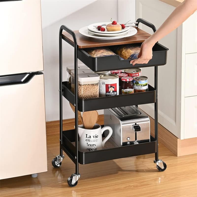 3 Tier Utility Rolling Cart with Wooden Board and Drawer - 11.8"D x 18.5"W x 30.3"H