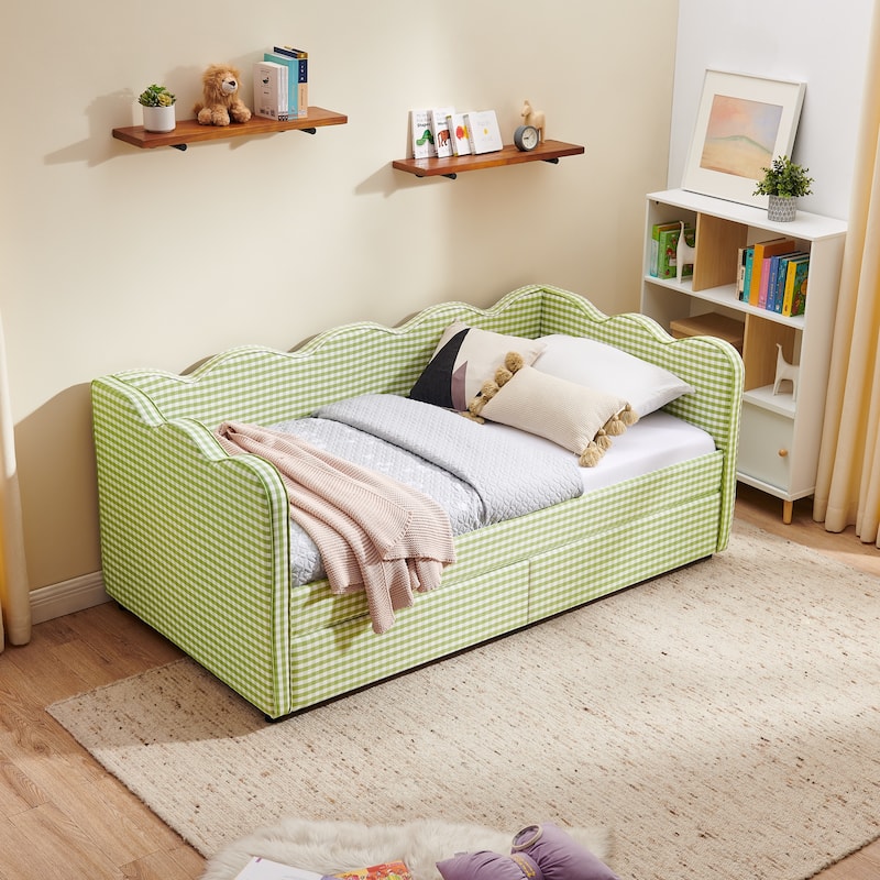 Twin Size Gingham Linen Upholstered Daybed with 2 Storage Drawers, USB Charging Station & Waved Arms