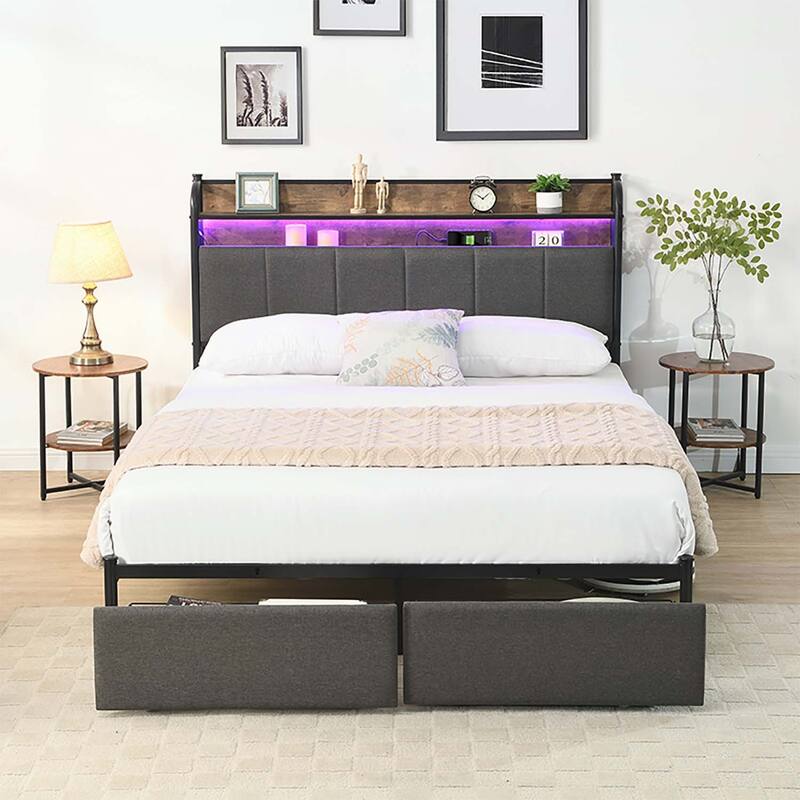 Versatile Bed with Extraordinary Features for Ideal Bedroom - Black+Brown+Grey-Queen Size