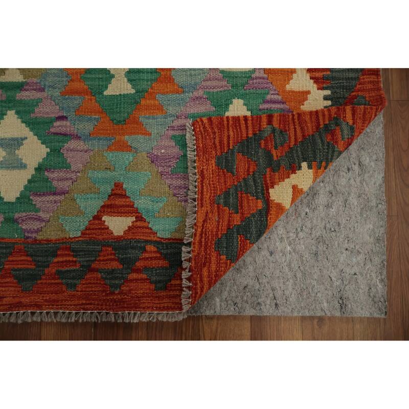 Hand Woven Oriental 100% Wool Carpet Southwestern Geometric Oranges & Rust Kilim Runner Rug - 9' 8'' X 2' 10''