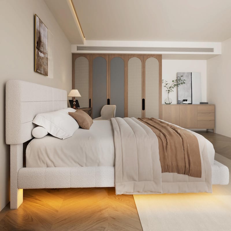 White Bouclé Floating Bed with Ambient Light