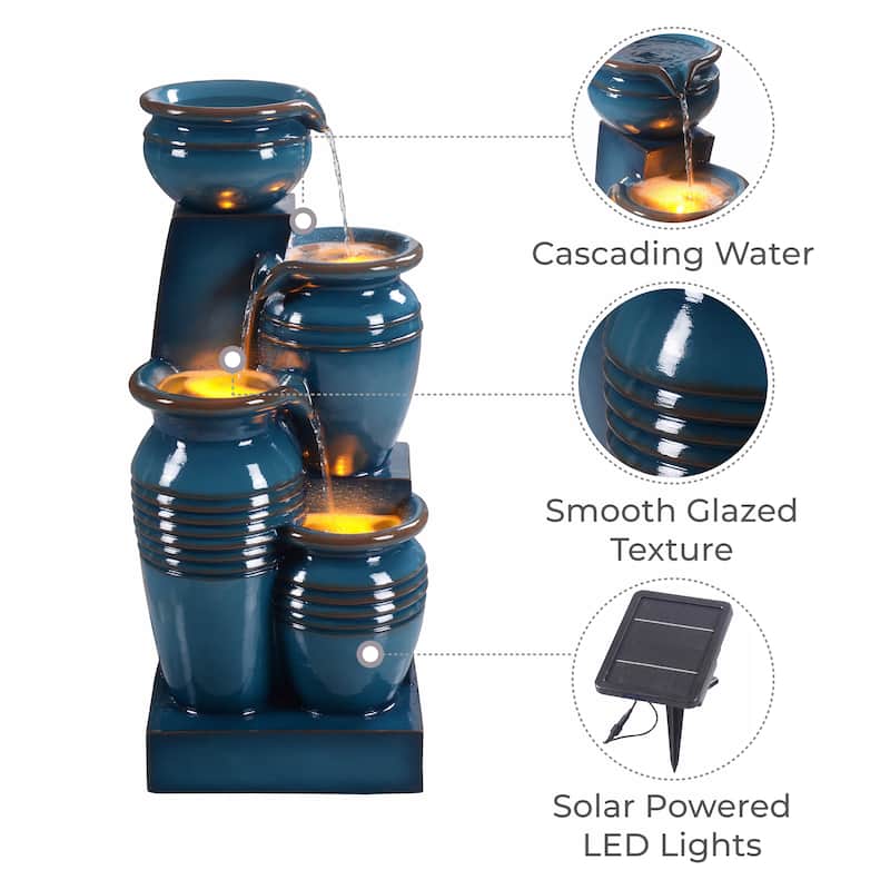 Teamson Home 28.74" 4-Tier Outdoor Fountain with LED Lights, Solar Powered, Weather-Resistant Faux Stone for Garden & Patio