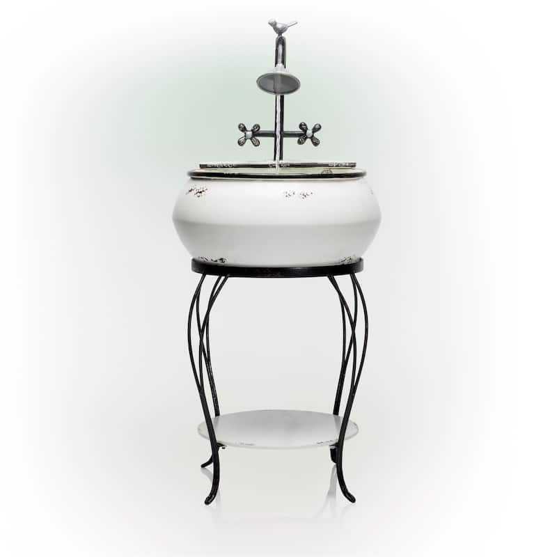 Alpine Corporation 32 Indoor Outdoor Antique Metal Sink Water Fountain with Stand Charming Waterfall Feature for Garden, White