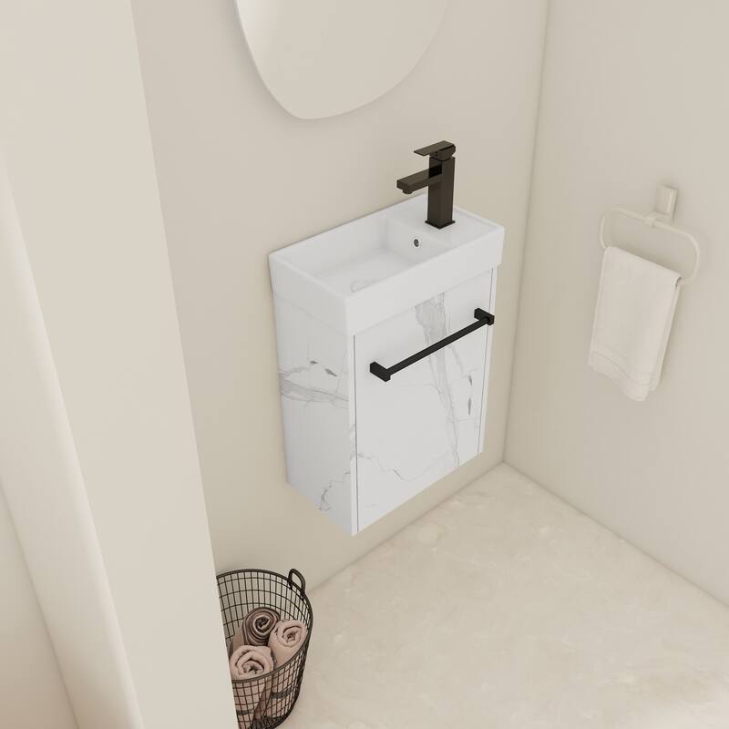 16" Wall-Mounted Bathroom Vanity with Carrara White Ceramic Sink, Soft-Close Doors, and Ample Storage