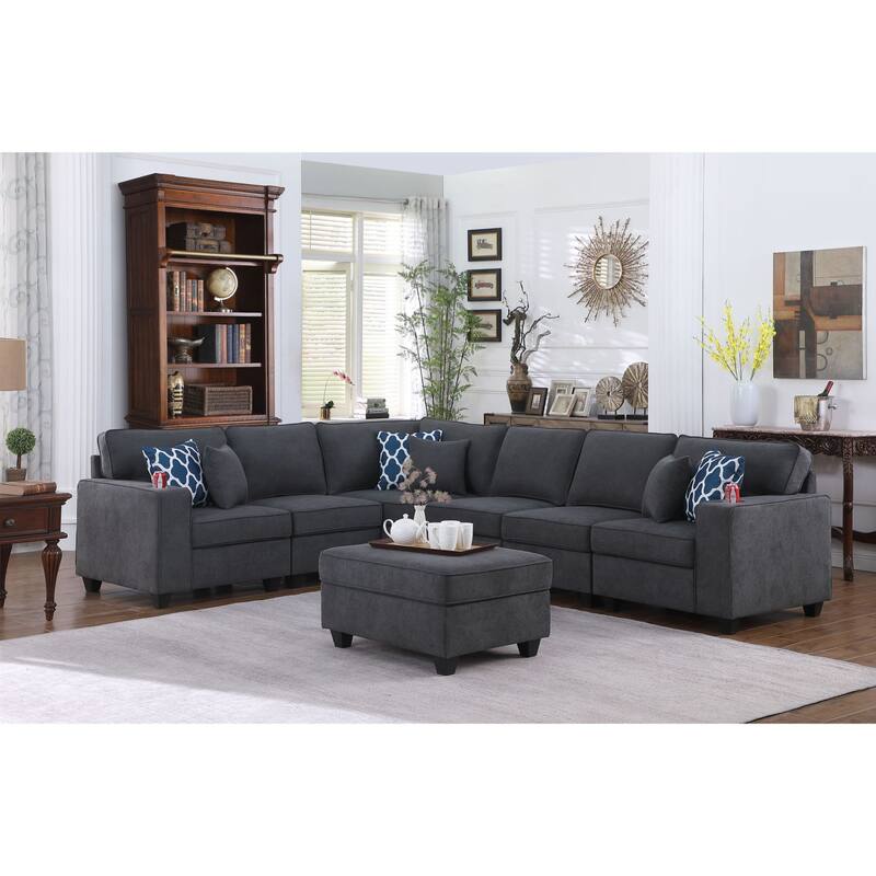 7 Piece L-Shape Sectional Sofa with Ottoman in Stone Gray - Stone Gray/Brown - Reversible