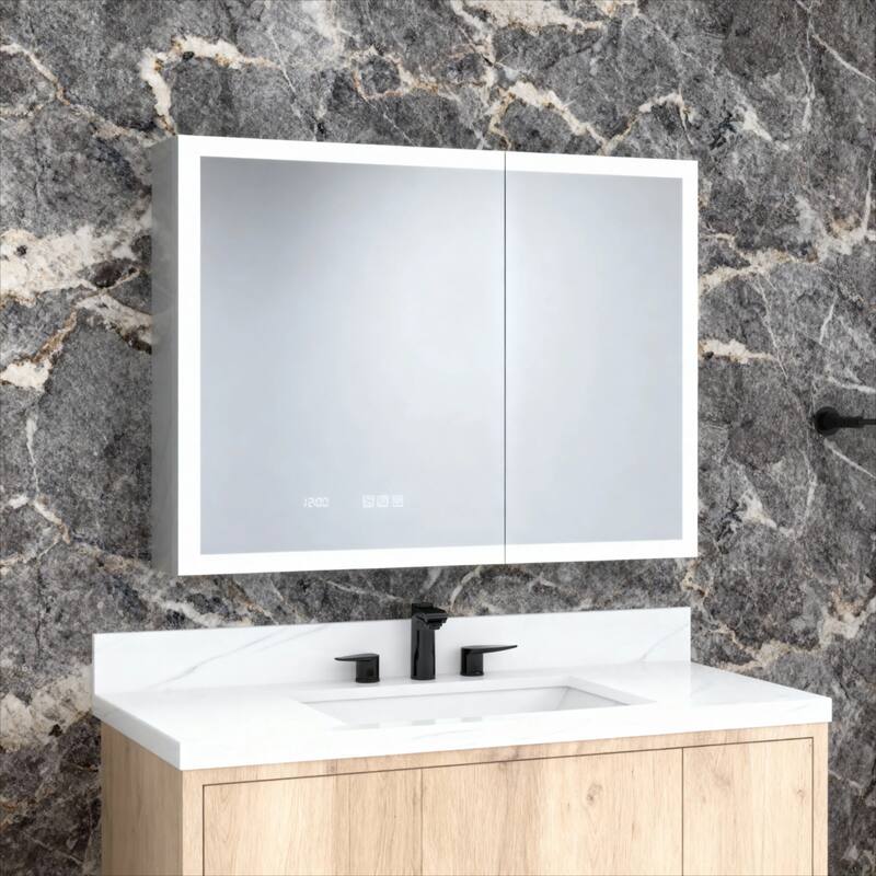 GDFStudio - Delmar Modern Aluminum LED Lighted Medicine Cabinet with Mirror Anti Fog and Digital Clock
