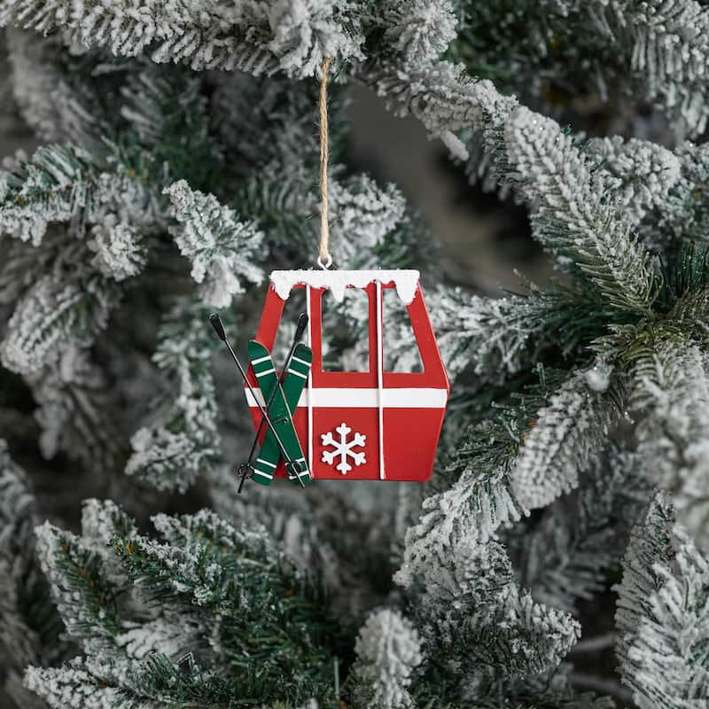 Set of 12 Red and White Metal Gondola Ornaments with Ski Poles for Rustic Christmas Tree Decor - 3.75”L x 0.25”W x 4”H