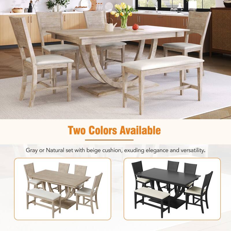 Modern 6Pc Dining Table Set w/ Wood Half Round Pedestal, 4 Chair