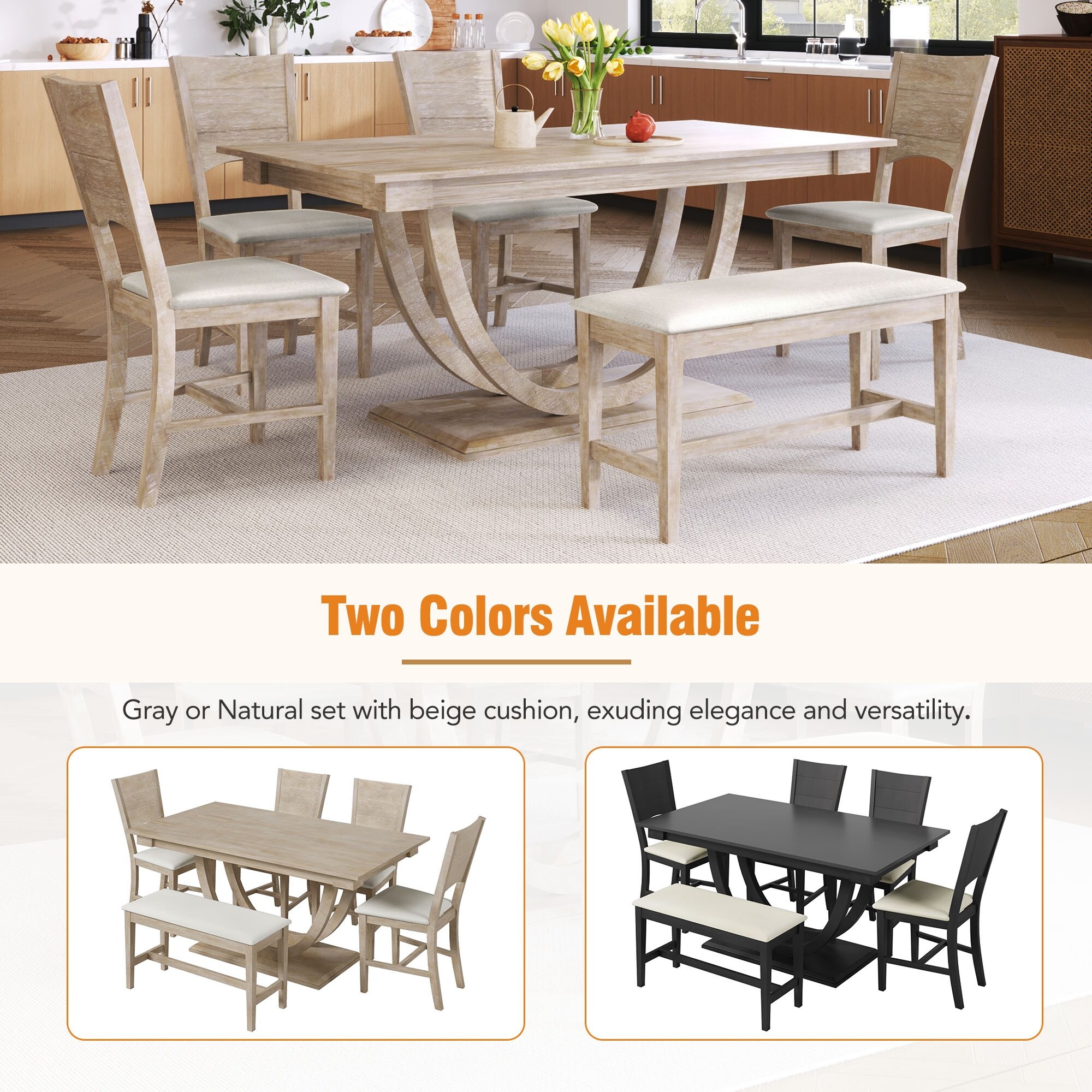 Modern 6 Piece Kitchen Dining Table Set w Wood Half Round Pedestal Dining Table 4 Linen Upholstered Chairs Long Bench