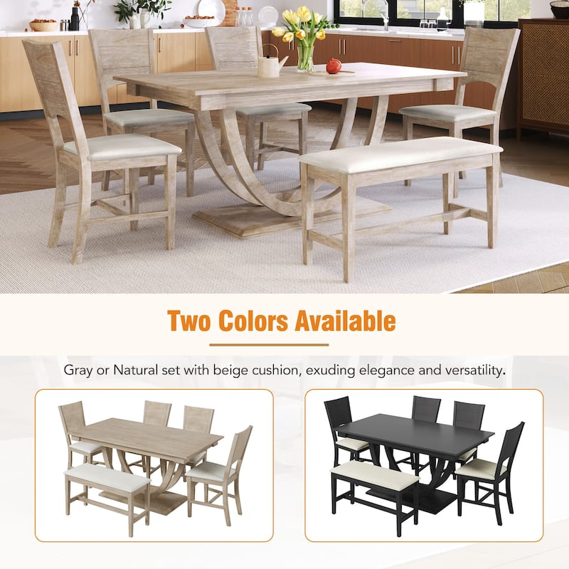 Modern 6-Piece Wood Half Round Dining Table Set Kitchen Table Set with Long Bench and 4 Dining Chairs