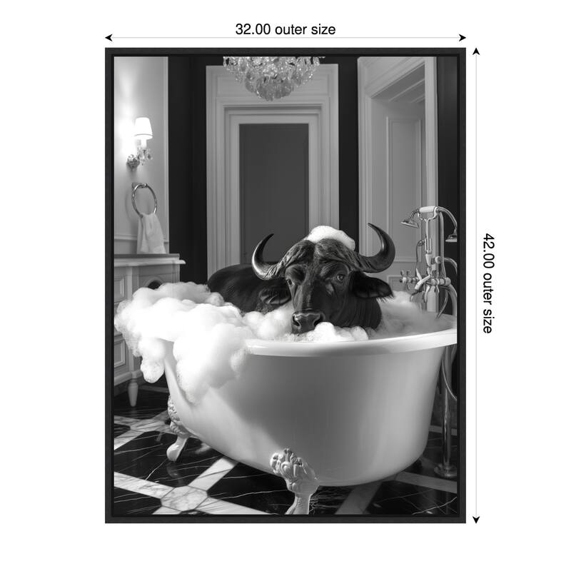 Rub a Dub Buffalo by Niky Rahner Framed Canvas Wall Art - 32 x 42 in