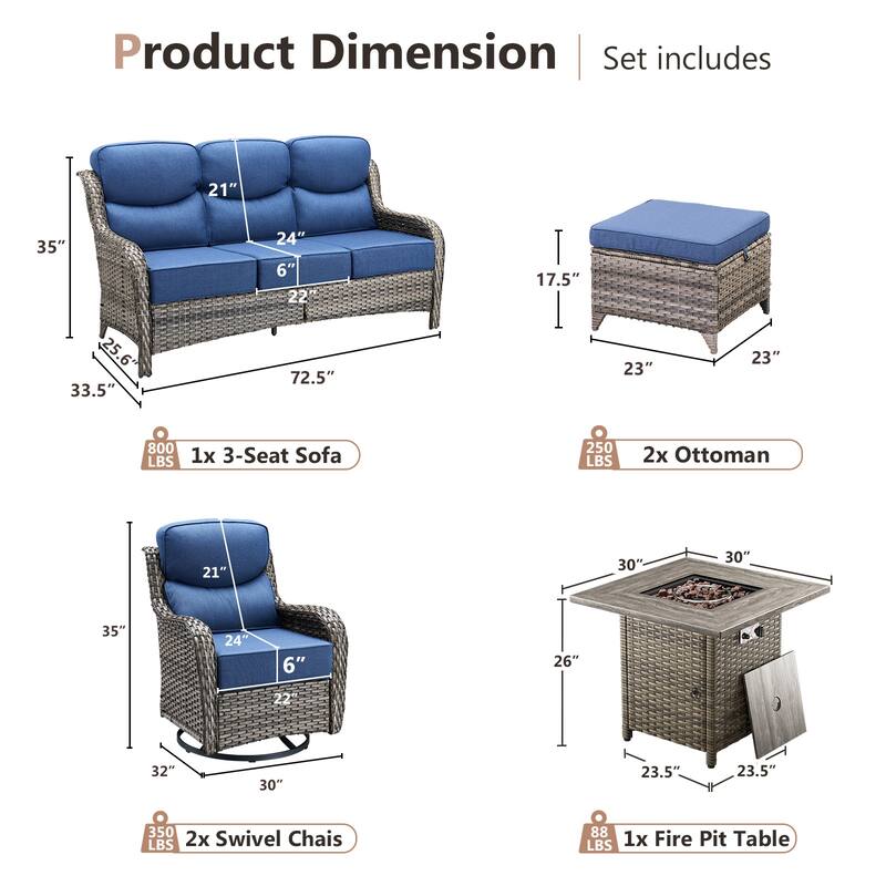 Pocassy 6 Pieces Outdoor 6" Sofa Swivel Chair Ottoman with Fire Pit Table