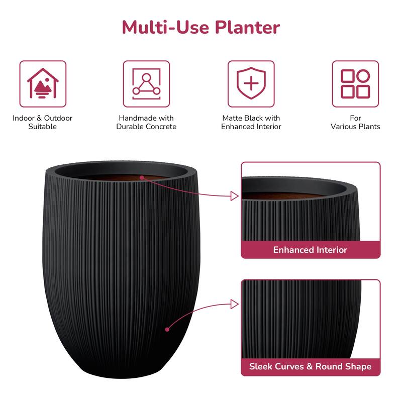 Concrete Round Fluted Planter Pot Barrel-Style with Drainage Holes