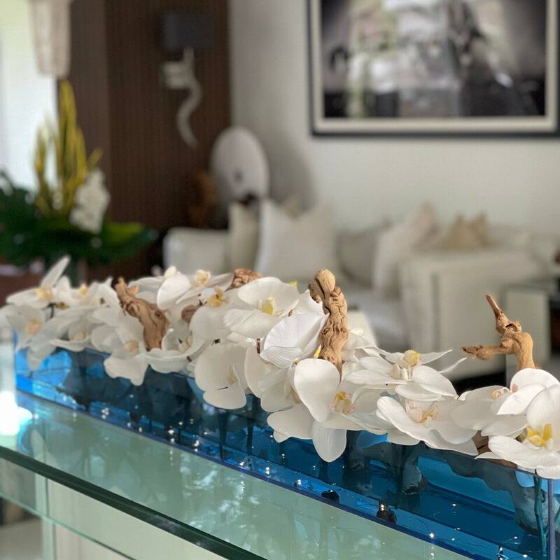 Blue Acrylic Casa Moderna Planter with White Orchids and Driftwood