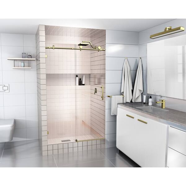 slide 1 of 32, Glass Warehouse 44 in. - 48 in. x 78 in. Frameless Sliding Shower Door Satin Brass