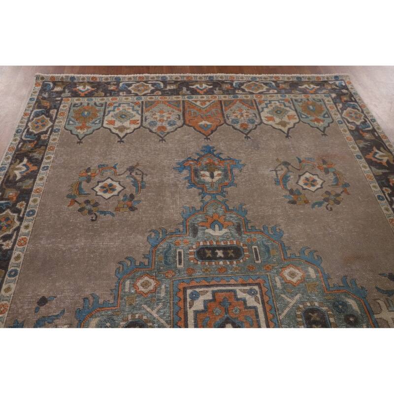 Brown Geometric Tabriz Vintage Rug Handmade Wool Carpet - 6'3"x 9'6"