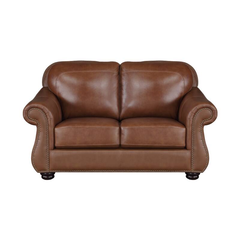 Boro 64 Inch Loveseat, Rich Brown Top Grain and Faux Leather, Solid Wood