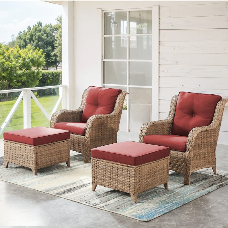 Pocassy Outdoor Patio Chairs Ottoman Table with 4 Inch Cushion - 4 Pieces Patio Chair w/ Ottoman - Yellow Rattan Red Cushion