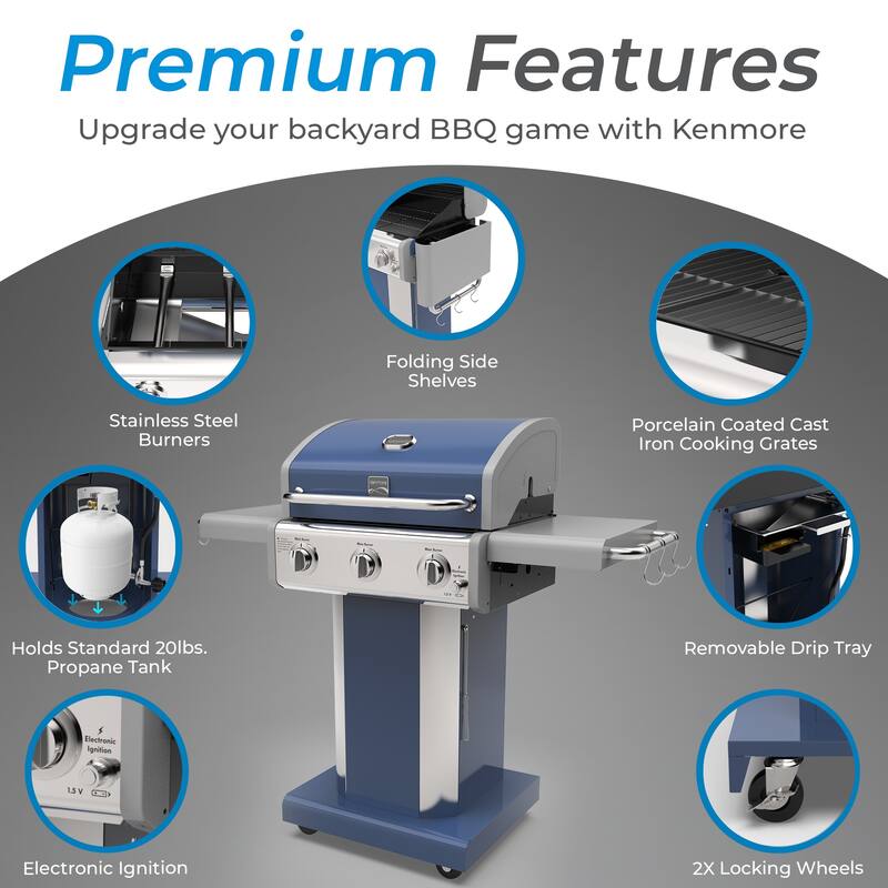 Kenmore 3-Burner Propane Gas Grill with Foldable Side Shelves