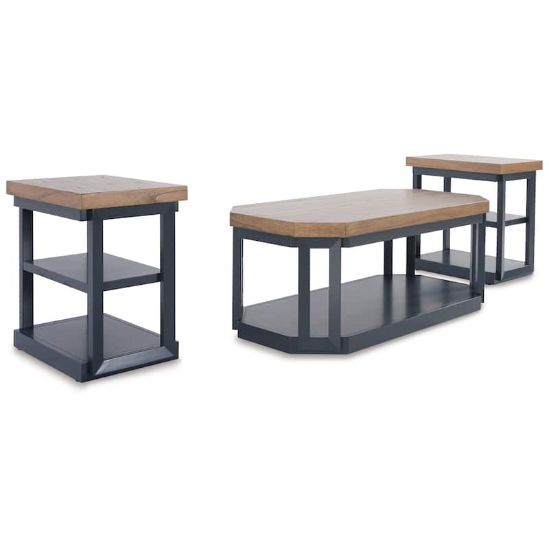 Docken 3pc Coffee n End Table Set, Shelf, Wheels, Dark Blue Slate
