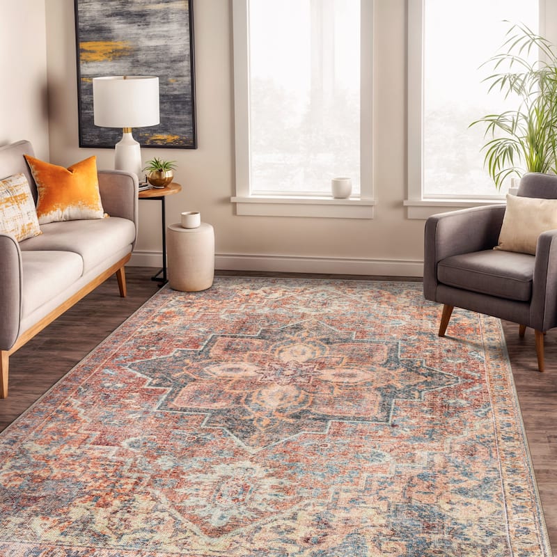 Beige Floral Medallion Washable Rug - Low Pile, Non-Slip - Multi - 5' x 7'