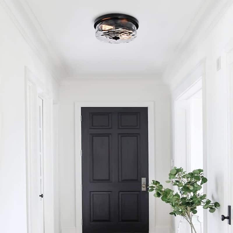 2-light Water Glass Shaded Drum Flush Mount - Black