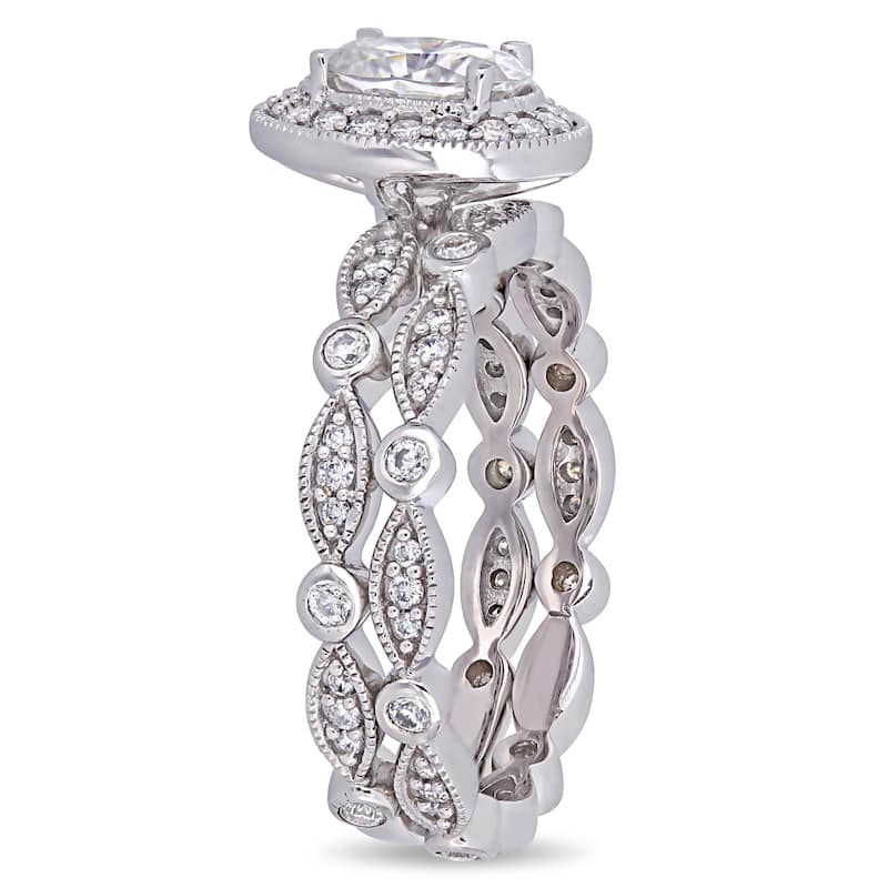 Miadora 1 1/2ct DEW Oval-cut Moissanite Halo Vintage Bridal Ring Set in 10k White Gold