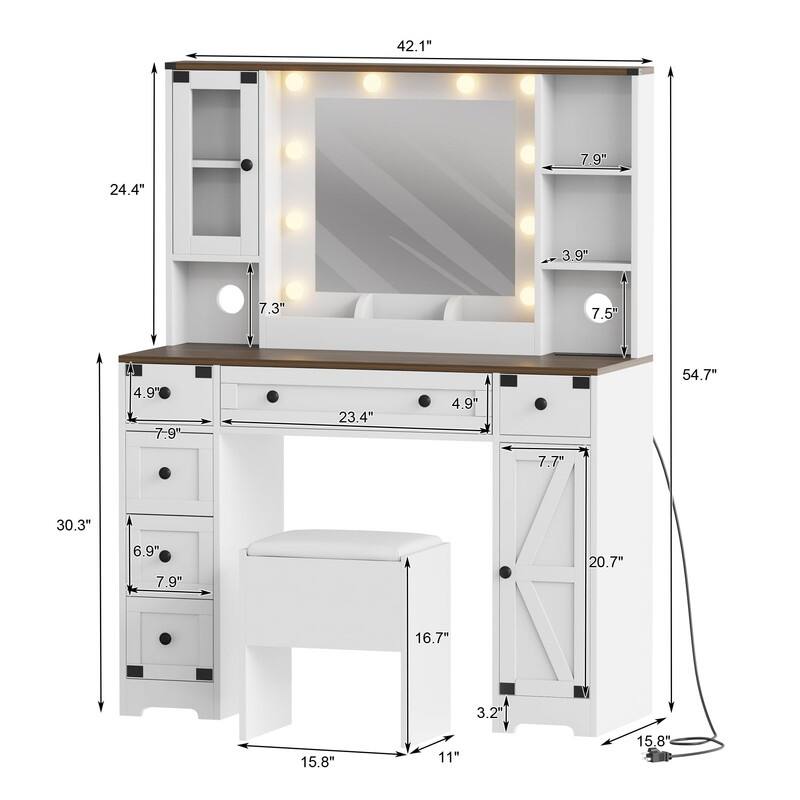 Makeup Vanity Desk with Mirror, Stool, 6 Drawers, 2 Cabinets, Charging Station