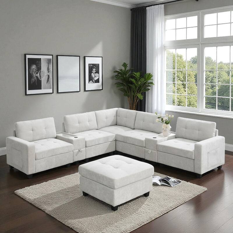 104" Chenille U-Shaped Sectional Sofa with Acrylic Table Tops 2 Consoles Storage Drawers USB Charging Movable Ottoman