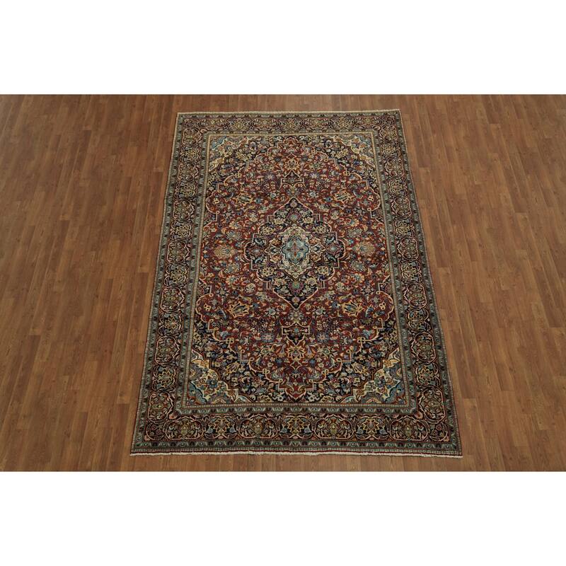 Hand Knotted Oriental 100% Wool Carpet Traditional Floral Red Kashan Area Rug - 9' 11'' X 6' 6''