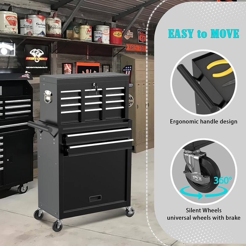 8-Drawer Rolling Tool Chest & Removable Tool Box Organizer with Lock
