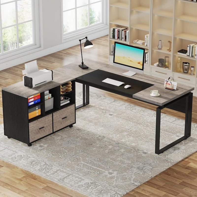 63" L-Shaped Executive Desk Reversible File Cabinet Combo, Office Computer Desk Set with Storage Drawers - Grey＋Black
