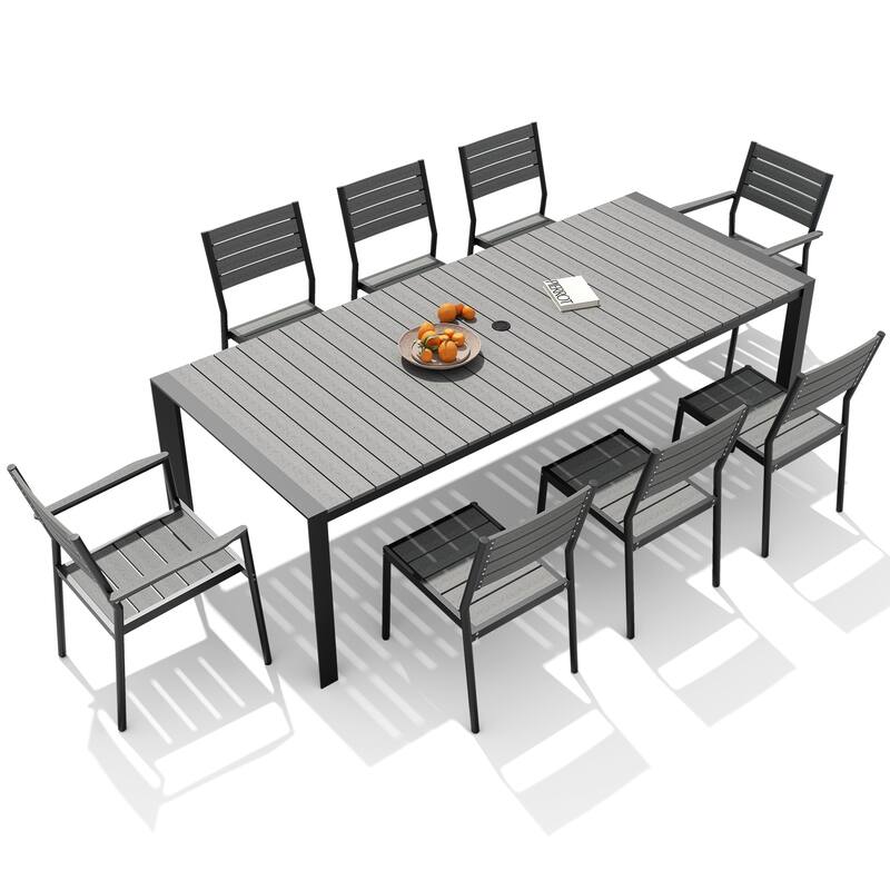 9-Piece Outdoor Patio Dining Set Wood Like Table Top Aluminum Rectangular Umbrella Hole Table with Stackable Dining Chairs
