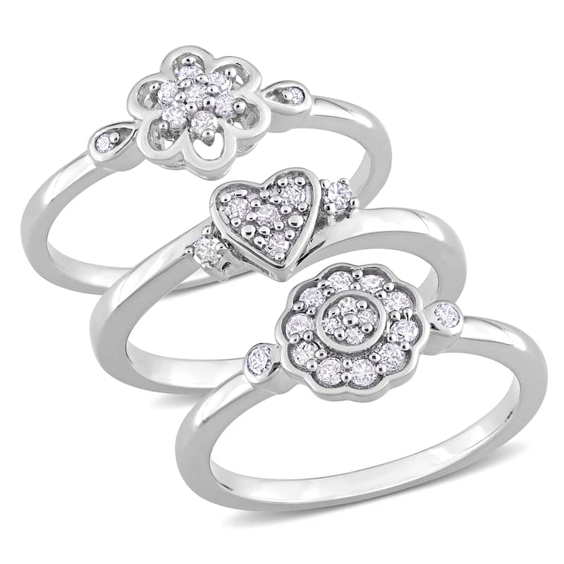 Miadora 3-Piece Set 2/5ct TW Diamond Heart Flower Rings Sterling Silver