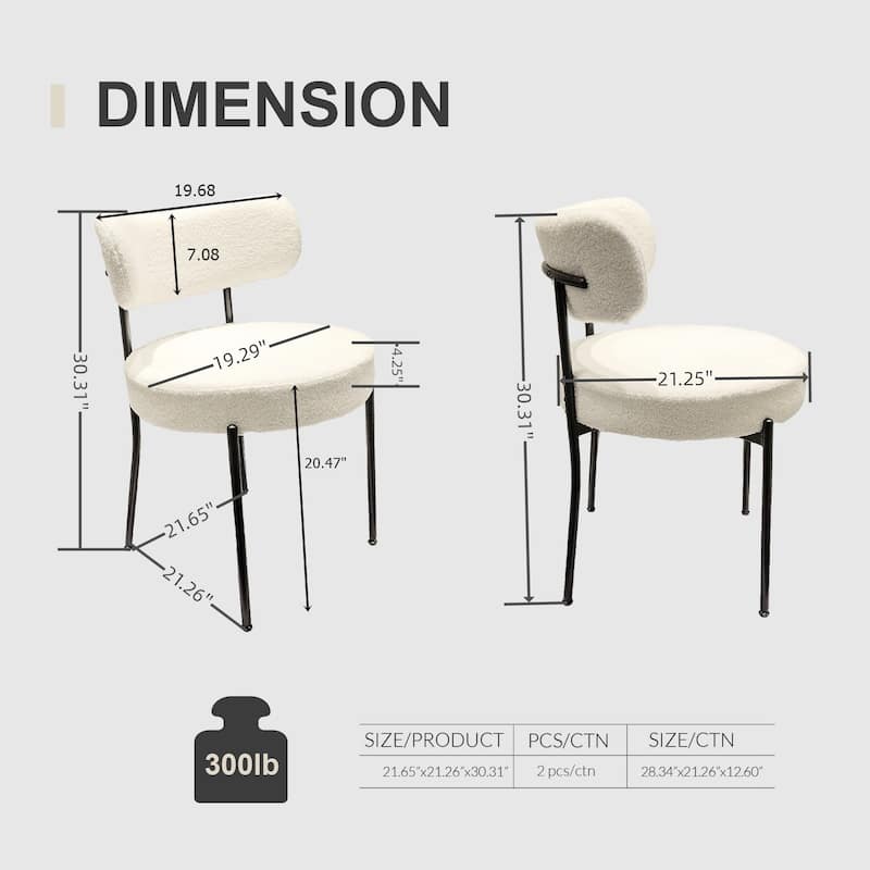 Mid-Century Modern White Dining Chair Set of 2 w/ Curved Backrest Round Upholstered Boucle Dining Room Chair