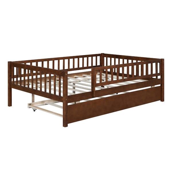 slide 2 of 11, Versatile Wood Daybed with Trundle and Fence Guardrails, Walnut Walnut - Full