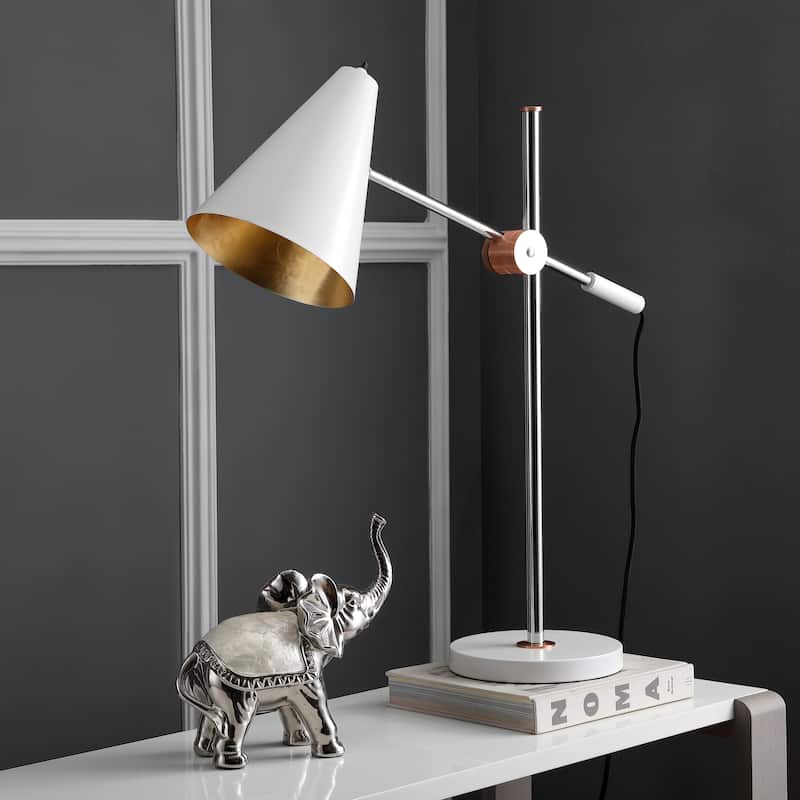 SAFAVIEH Lighting Mihaela 28-inch Chrome/ White Table Lamp - 28"x8.5"x28" - 28Wx9Dx28H - White