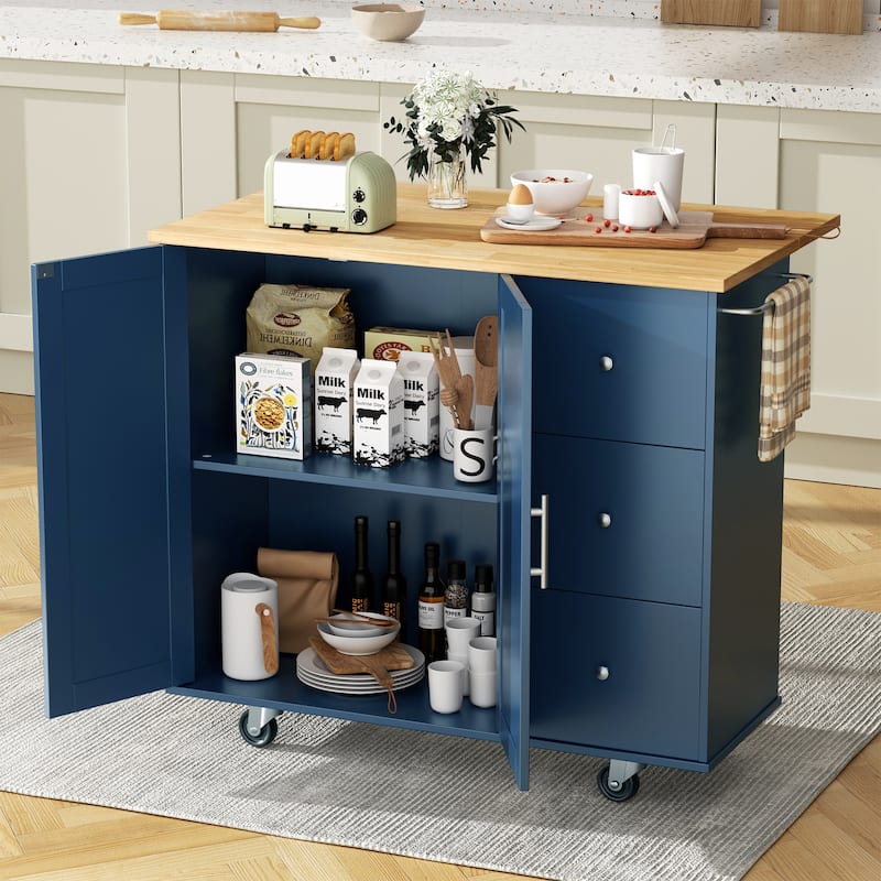 Rolling Kitchen Island with Storage Cabinet & 3 Drawers – Mobile Storage Cart with Extendable Countertop for Small Spaces