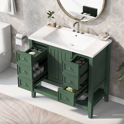36" Bathroom Vanity with Sink, One Cabinet and Three Drawers, Solid Wood and MDF Board, Green