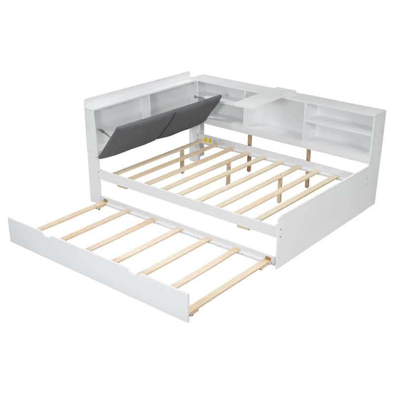 Solid Pinewood Captain Platform Bed with Trundle Bed, Upholstered Headboard, Rotatable Storage Board and Bookshelves