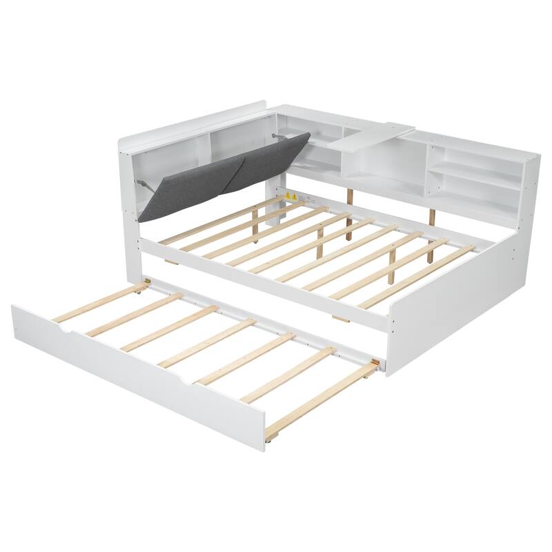 Wood Full Size Platform Bed with Trundle Storage Headboard and Shelves in Pine Wood