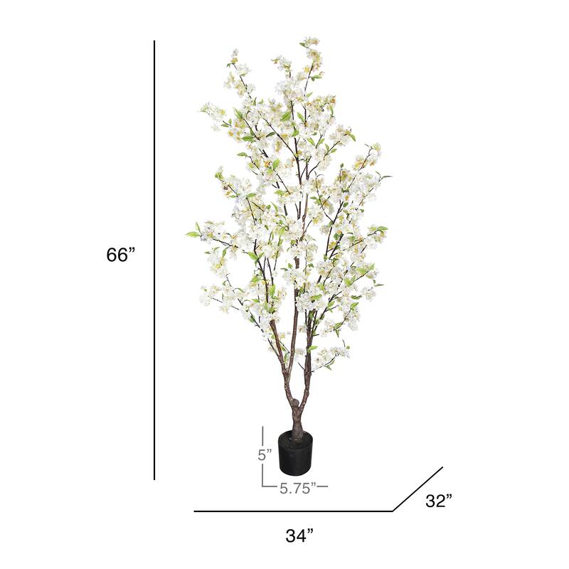 5.5ft Cream White Artificial Cherry Blossom Flower Tree Plant in Black Pot - 66" H x 34" W x 32" DP