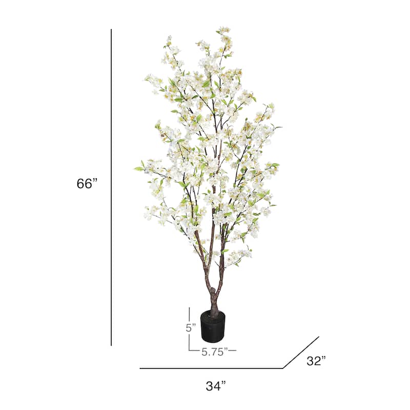 5.5ft Cream White Artificial Cherry Blossom Flower Tree Plant in Black Pot - 66" H x 34" W x 32" DP