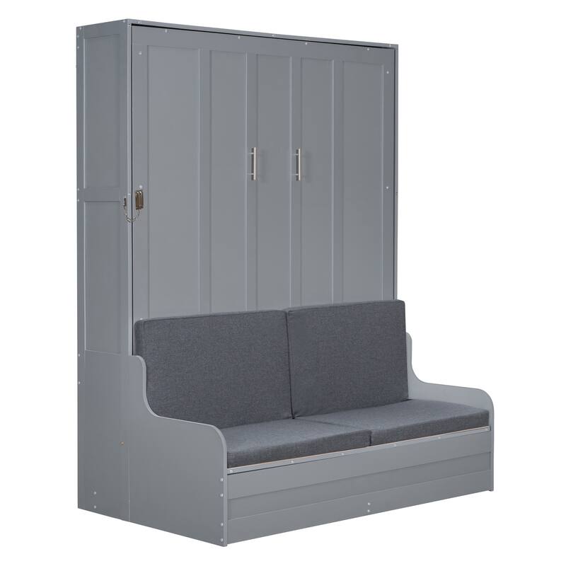 Queen Size Murphy Wall Bed with Built-In Loveseat Sofa and Foldable Cushions, Space-Saving Dual-Piston Mechanism Cabinet Bed